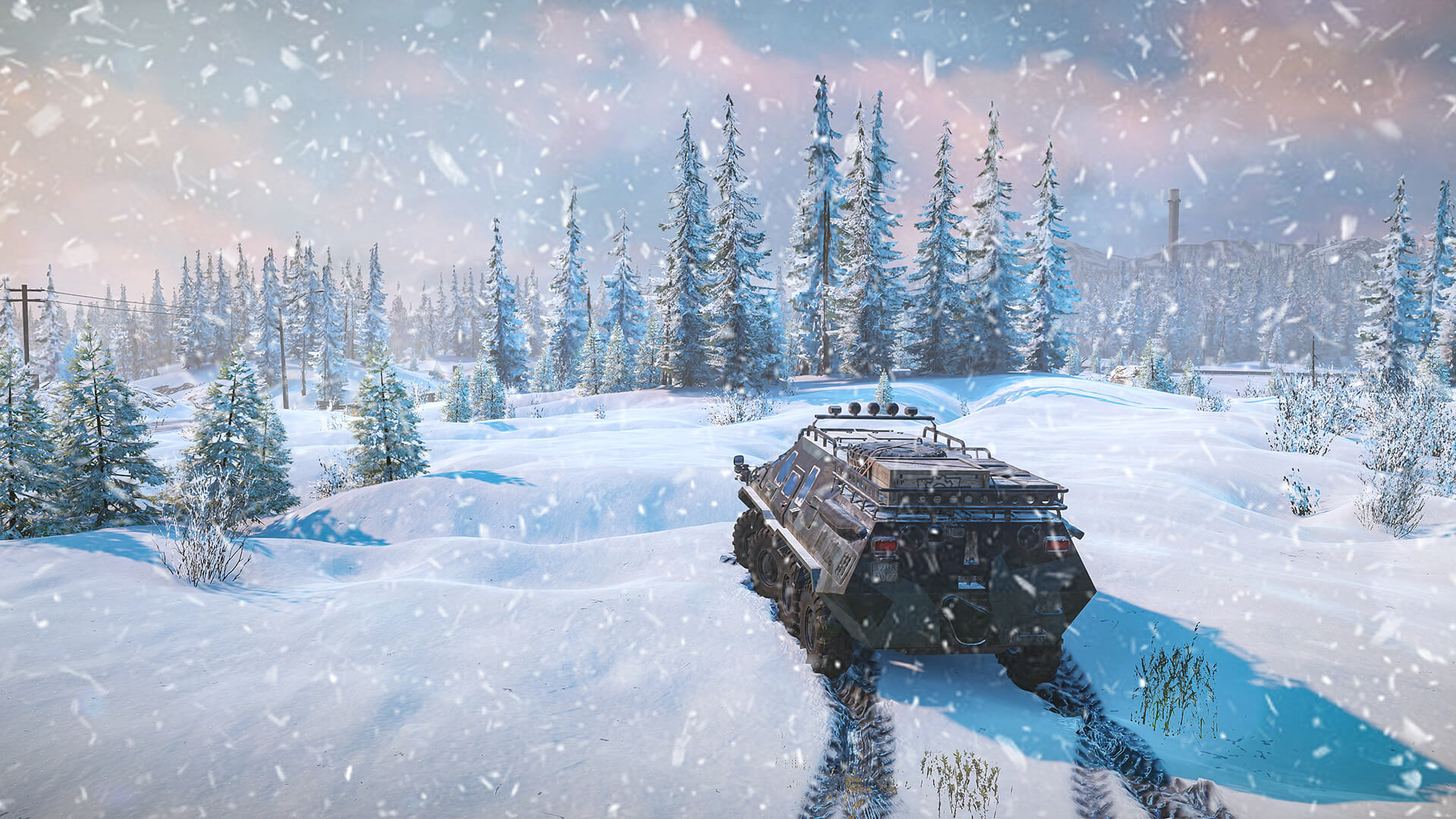 SnowRunner heavy off-road vehicle travelling through deep snow
