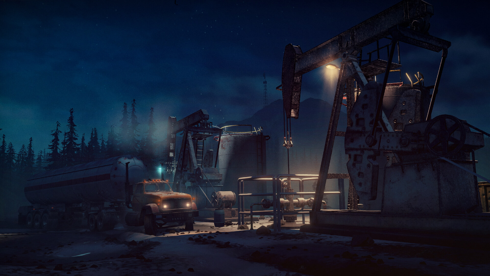 SnowRunner truck completing a nighttime industrial delivery