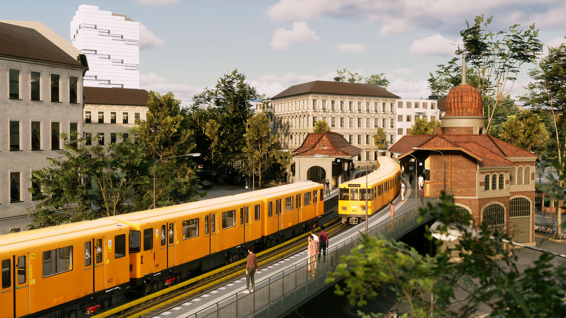 Berlin elevated station with underground trains and passengers in SubwaySim 2