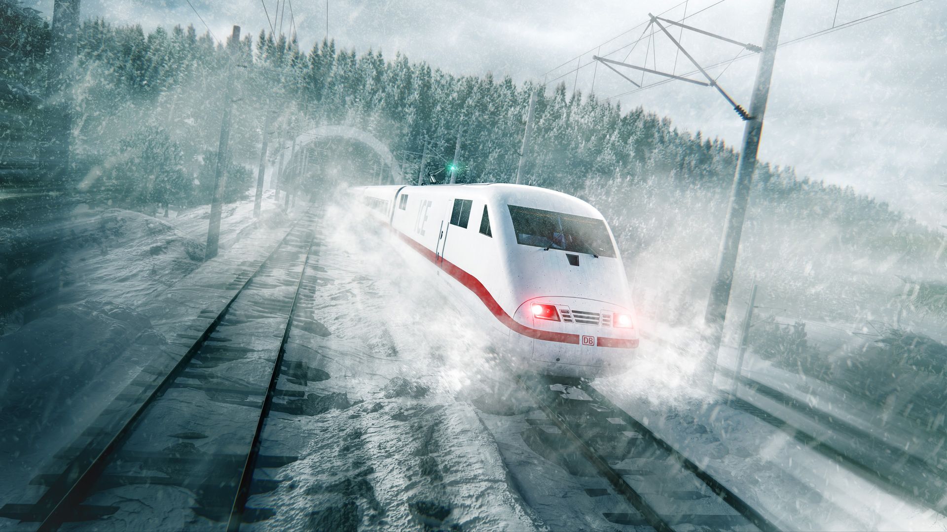 ICE high-speed train driving through severe winter weather in Train Sim World 3
