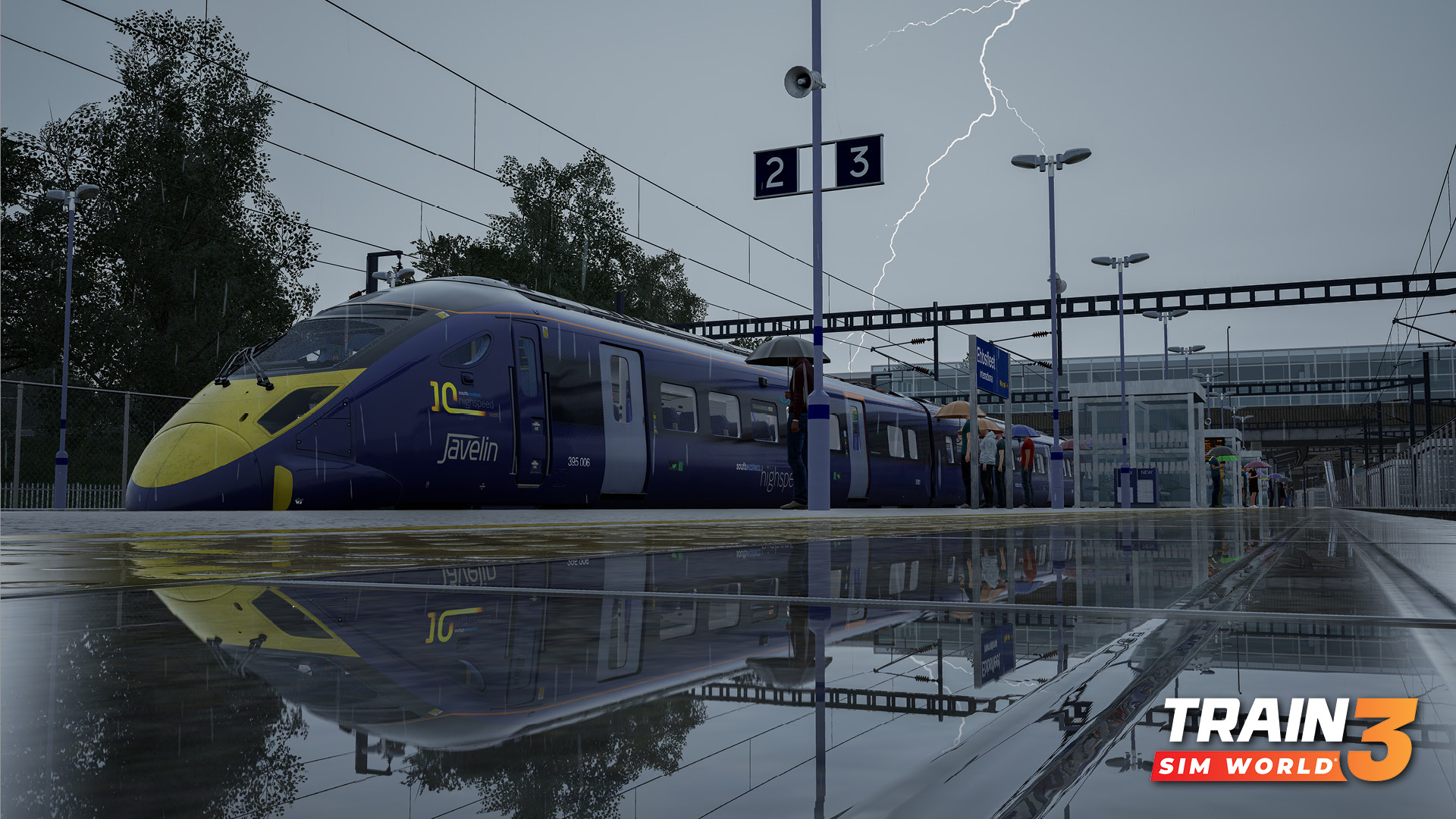 Class 395 Javelin at a station during a lightning storm in Train Sim World 3