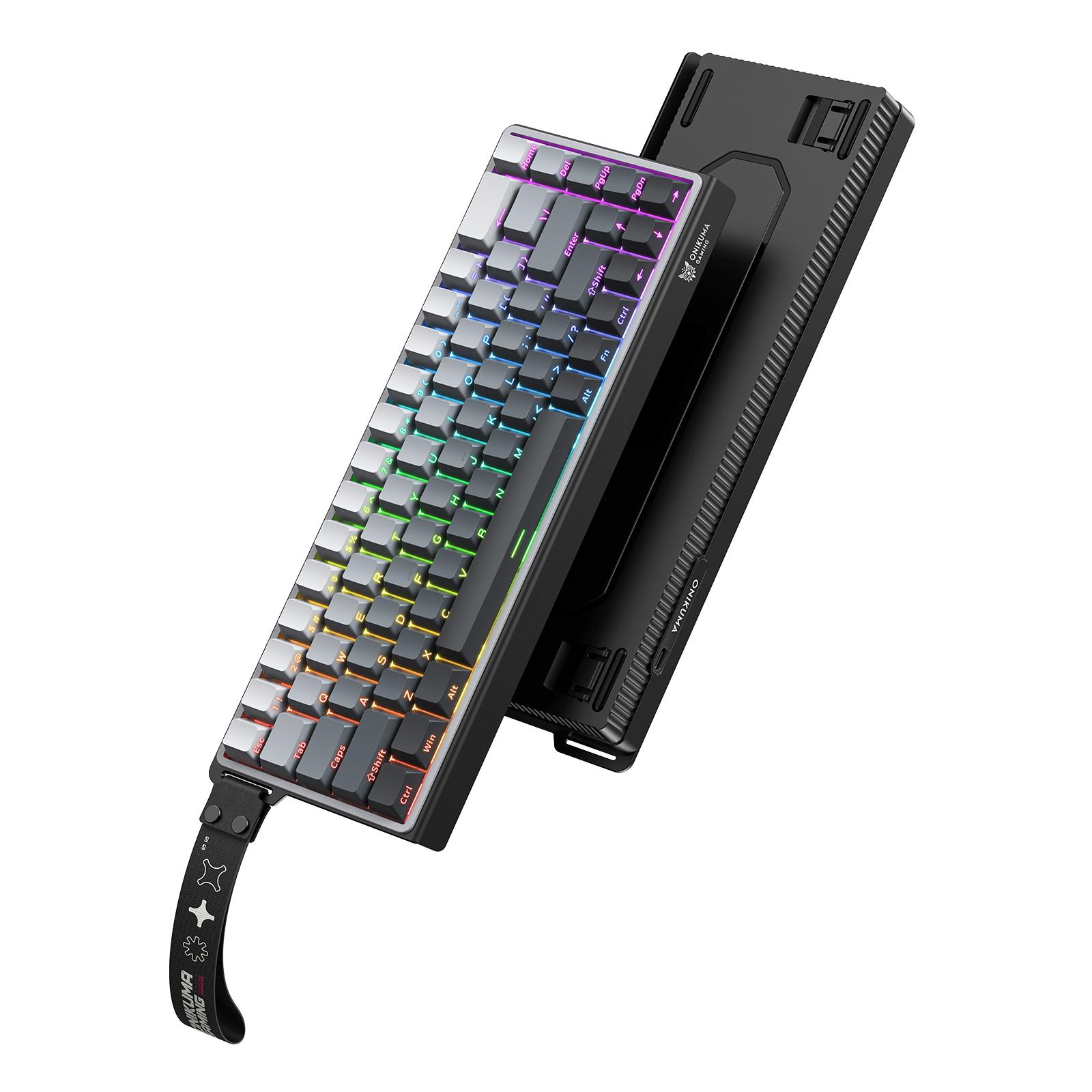 ONIKUMA G69 compact magnetic gaming keyboard shown from front and rear
