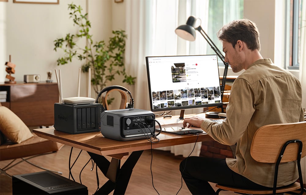 EcoFlow RIVER 3 Plus powering equipment in a home office