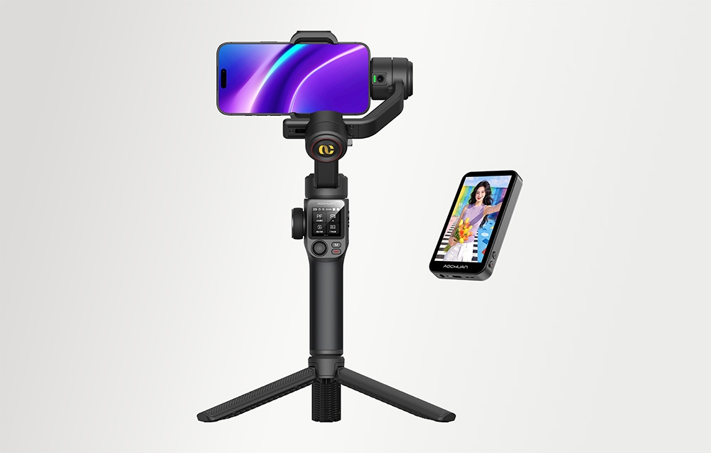 AOCHUAN S3 gimbal on a tripod with its additional display module