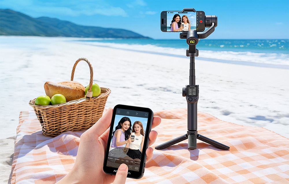 AOCHUAN S3 smartphone gimbal being used outdoors with AI tracking