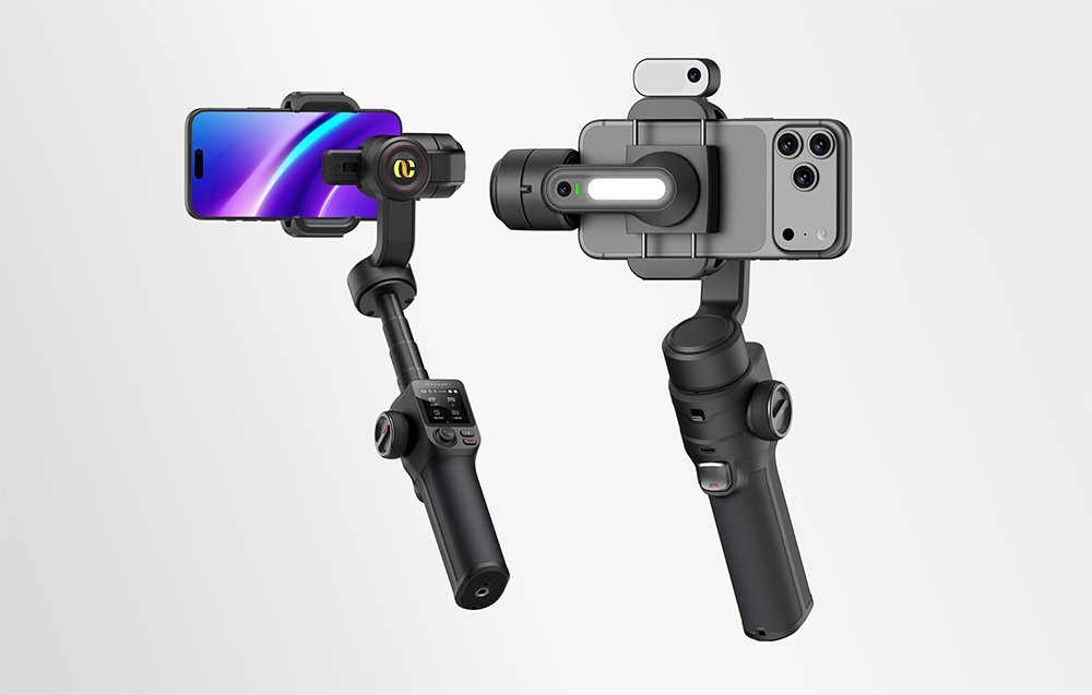 AOCHUAN S3 gimbal showing front and rear views with smartphone and LED lighting