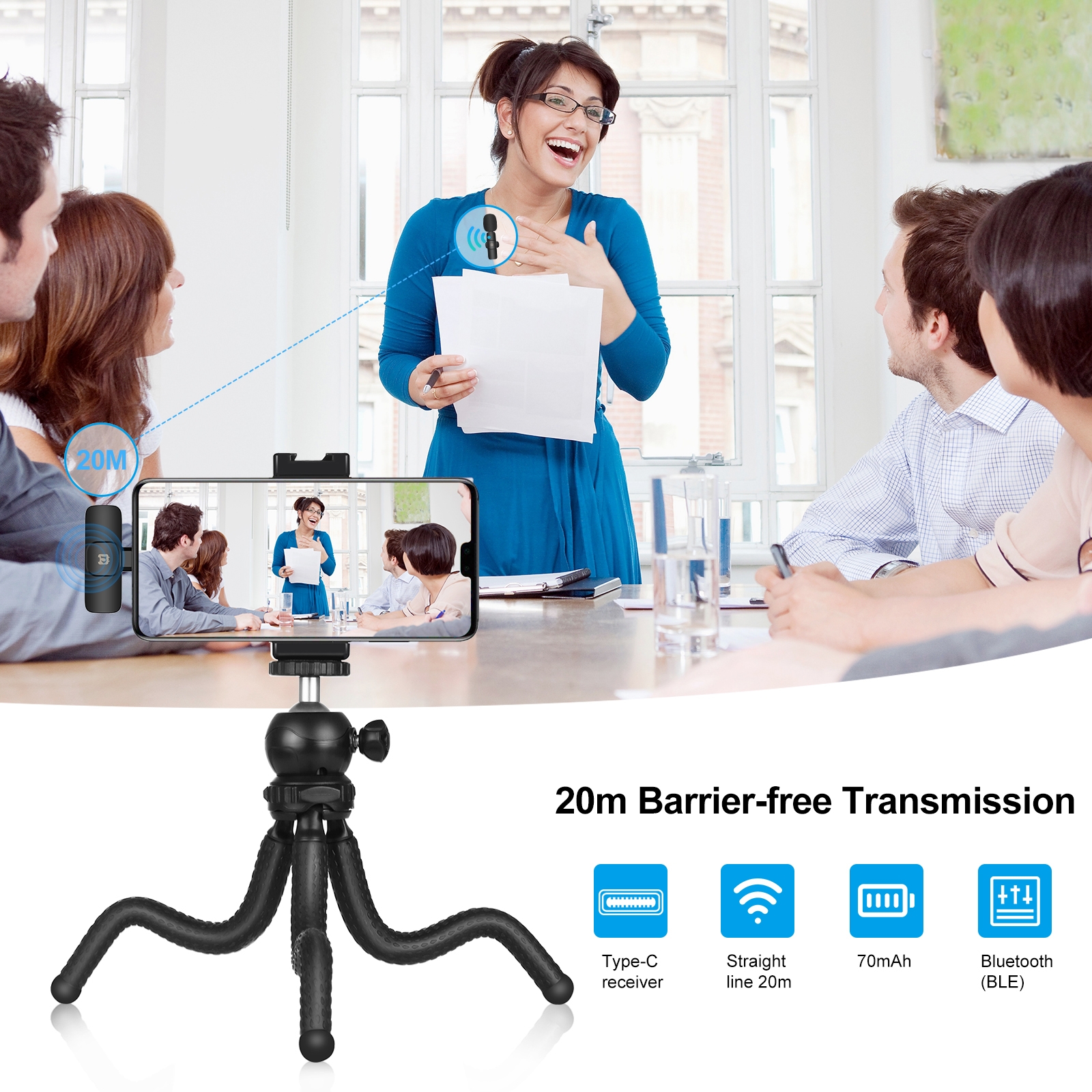 PULUZ PU3151B wireless microphone demonstrating 20 metre transmission