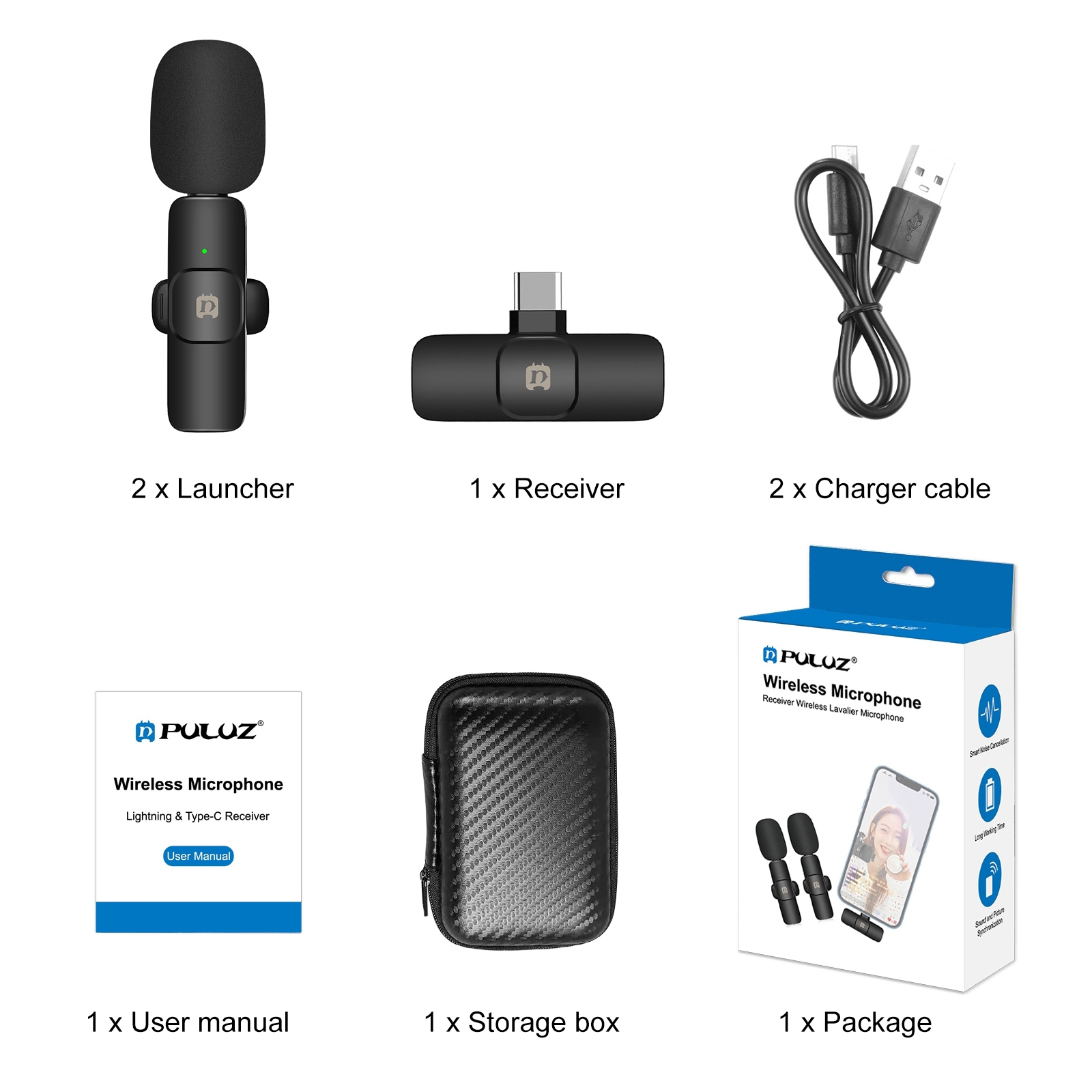 PULUZ PU3151B package contents with microphones receiver cables case and manual