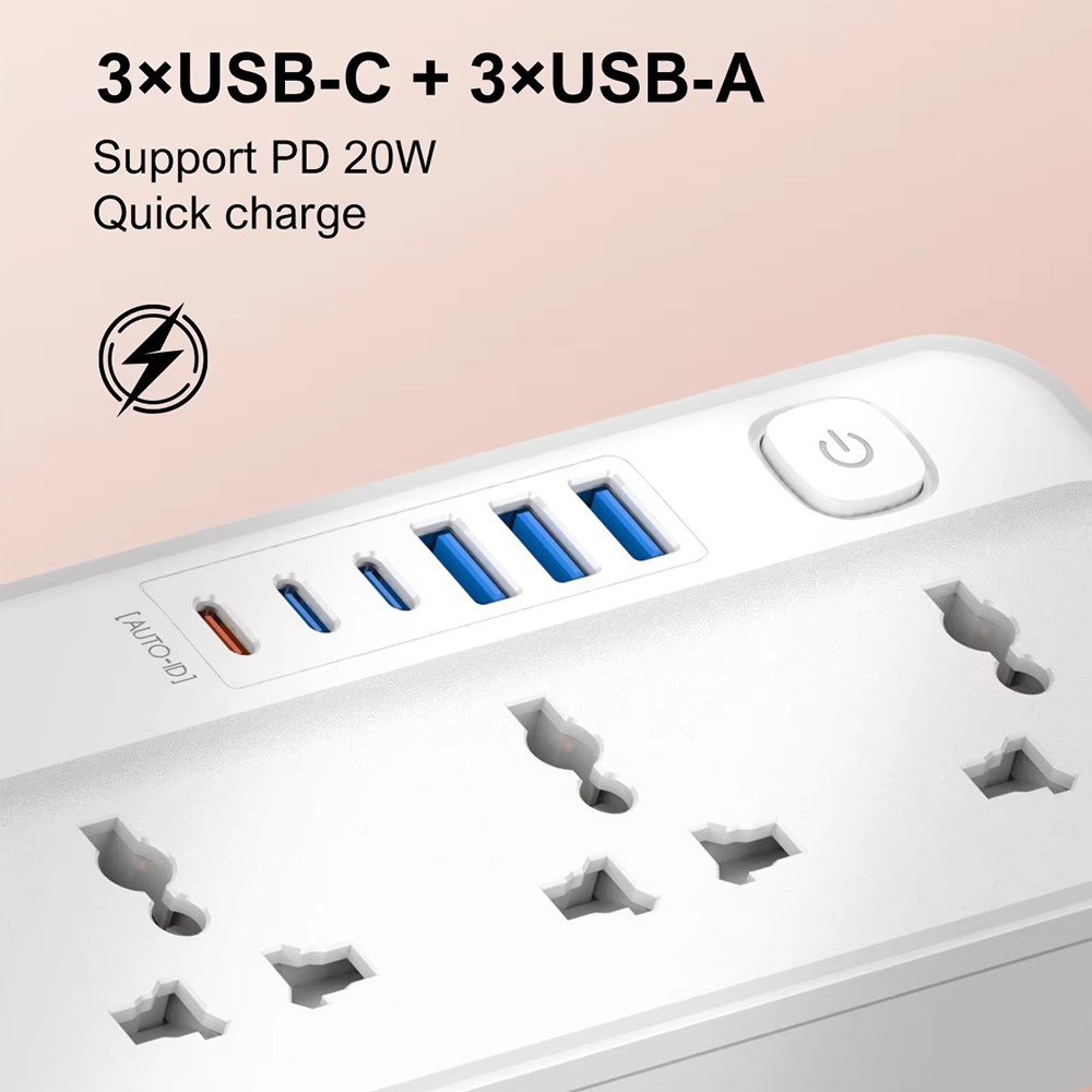 Power strip with five universal outlets and six USB charging ports