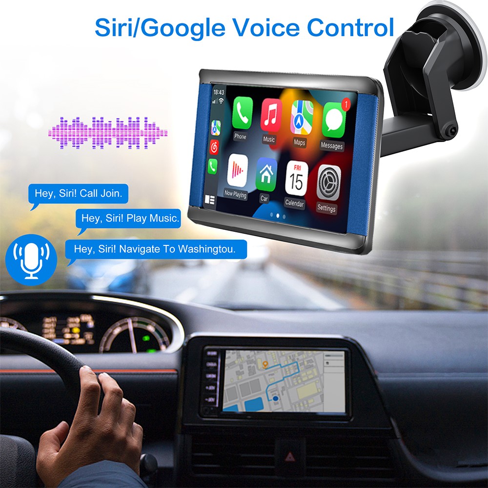 Portable car monitor showing FM transmission and AUX audio output