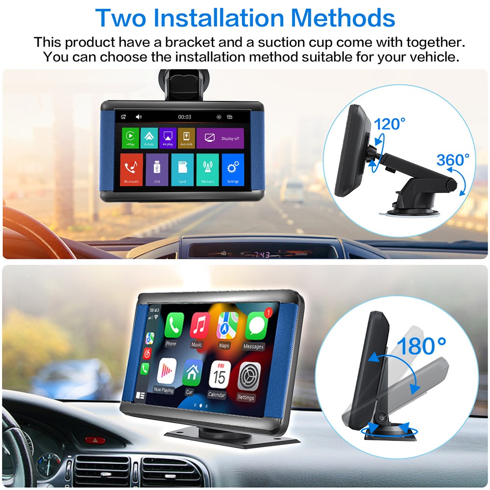 Portable car stereo showing wireless Apple CarPlay support