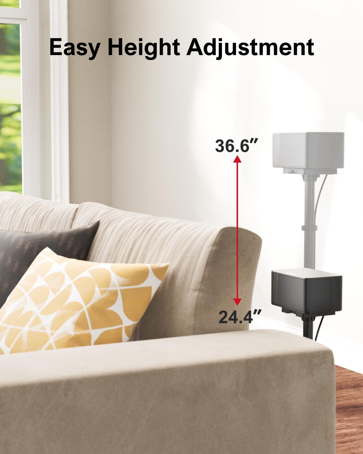 ULTIMEA Steady 300 speaker stand showing adjustable height from 24.4 to 36.6 inches
