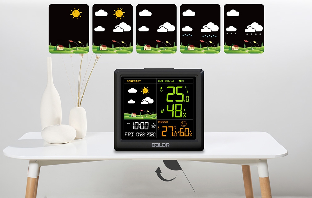 BALDR weather station display showing forecast icons and environmental readings