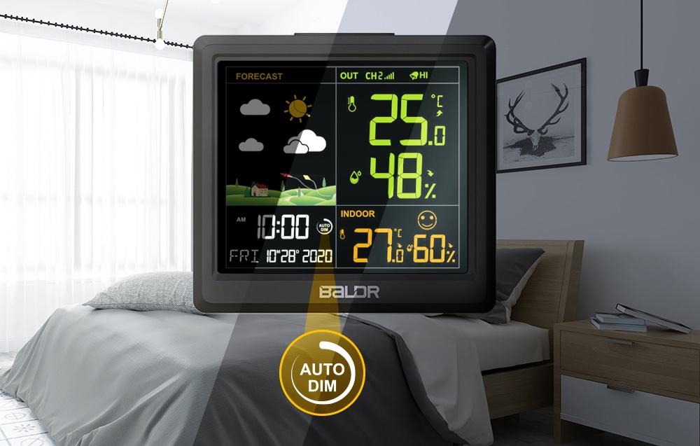 BALDR weather station with adjustable illuminated display in a bedroom