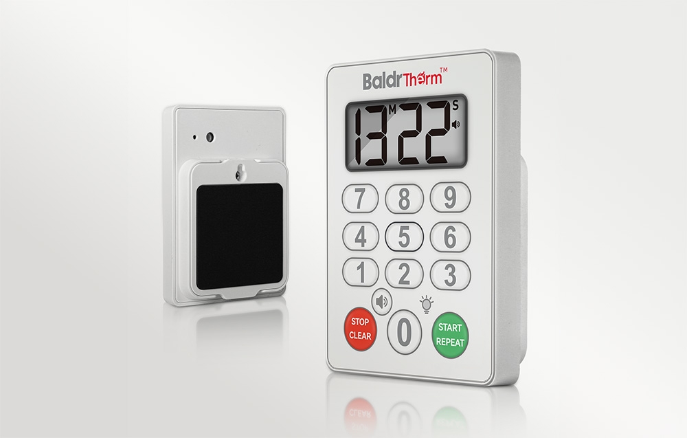 BALDRTHERM E0575S digital kitchen timer shown from the front and back