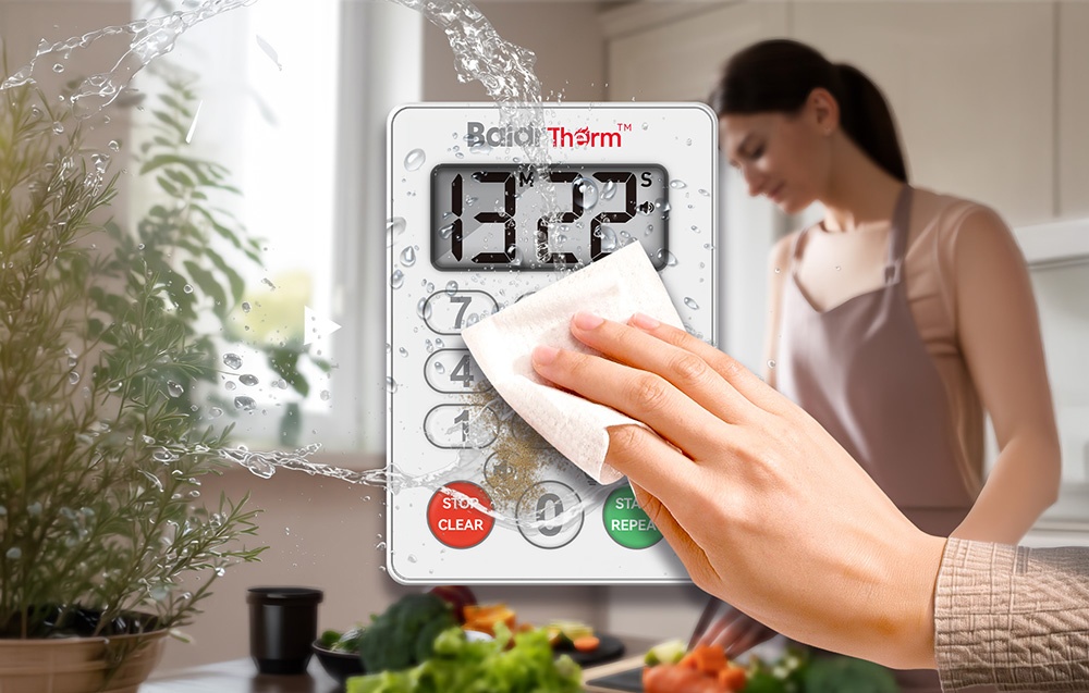BALDRTHERM E0575S kitchen timer being wiped clean