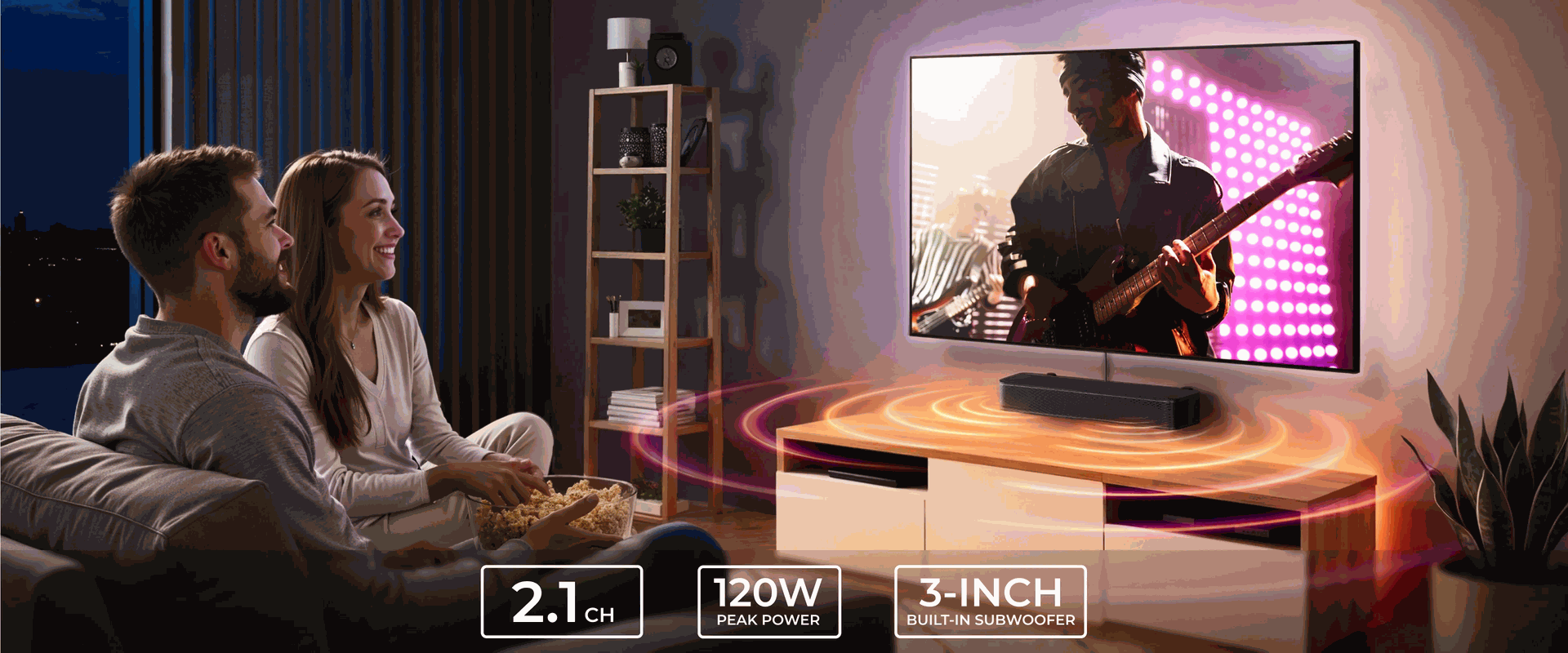 ULTIMEA Poseidon M20 delivering 2.1-channel sound with 120W peak power and built-in subwoofer