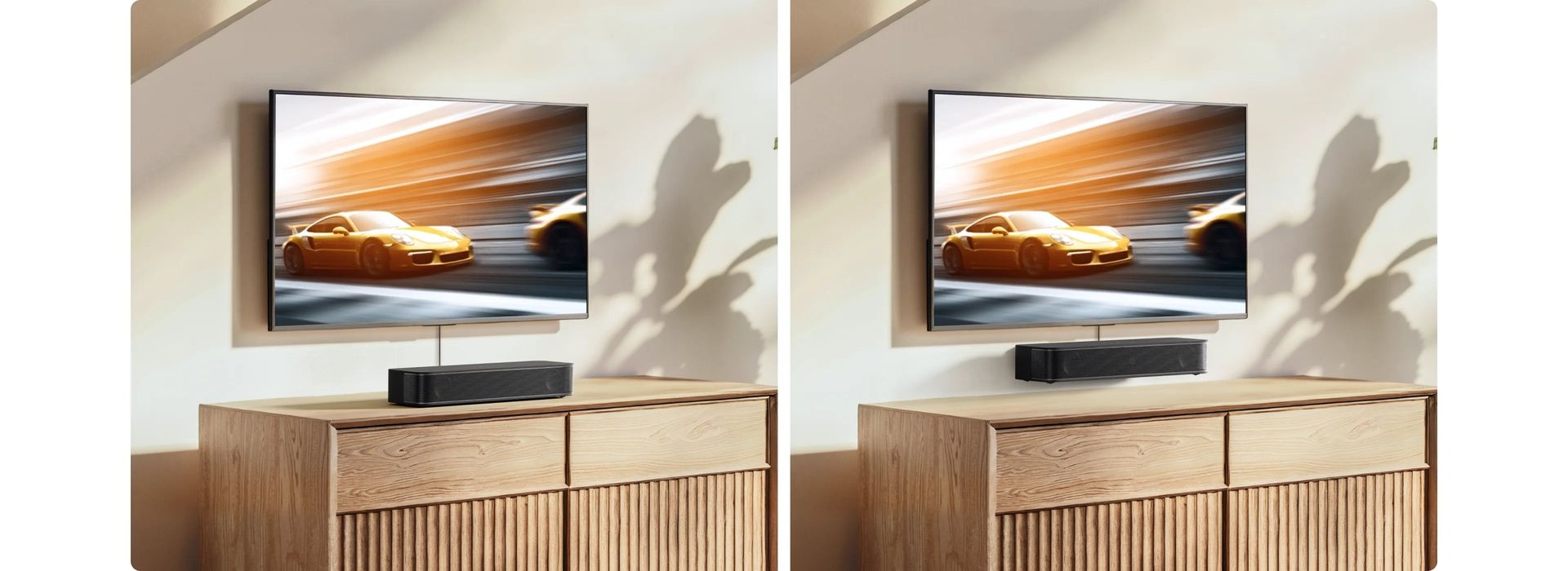 ULTIMEA Poseidon M20 positioned on furniture and mounted below a television