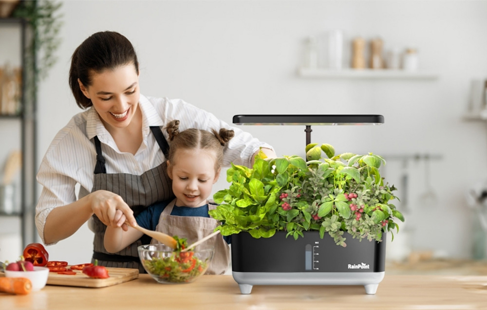 RainPoint hydroponic garden being used to grow fresh herbs in a kitchen