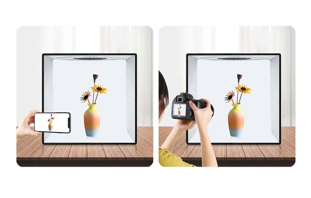 PULUZ photo studio used with both smartphone and camera