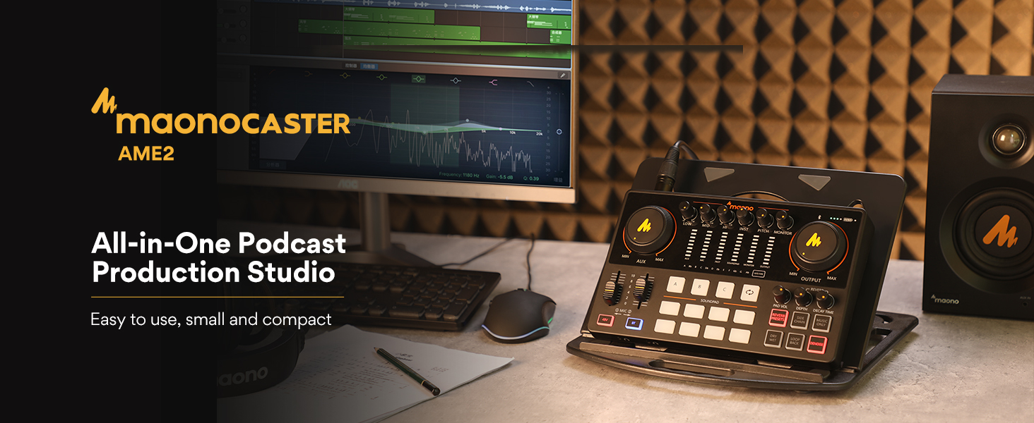 MAONO AME2 podcast equipment and streaming setup