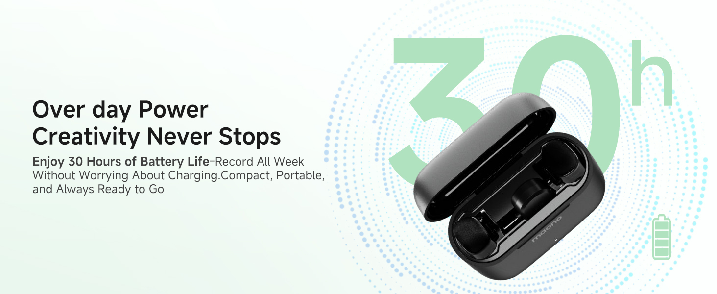 MAONO Wave T1 wireless microphone charging case and 30 hour battery life