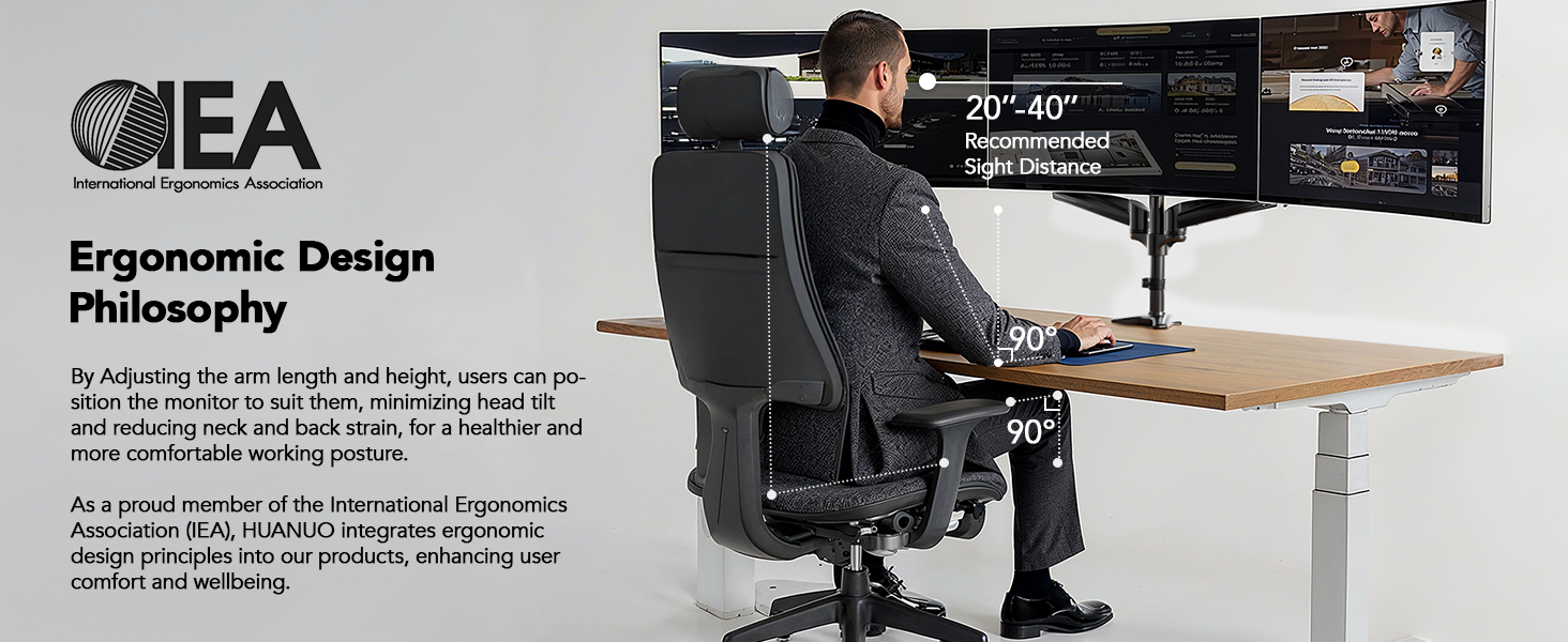 HUANUO triple monitor stand showing multi-screen desk setup