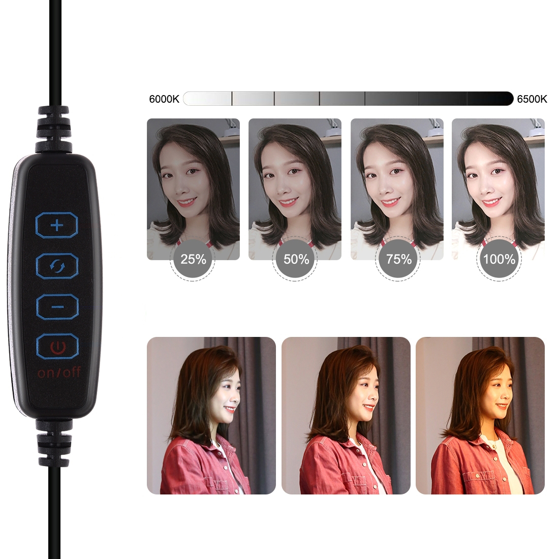 PULUZ PU391 inline controller showing brightness and colour temperature adjustment