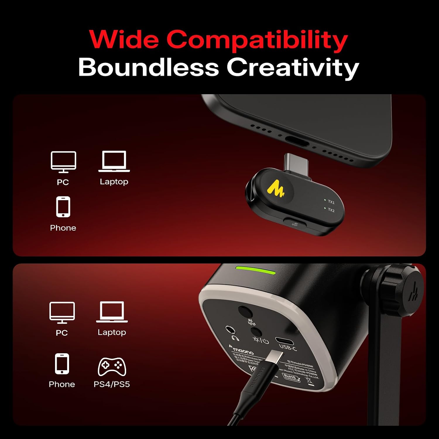 MAONO PD100W compatibility with PC, laptop, phone and PlayStation