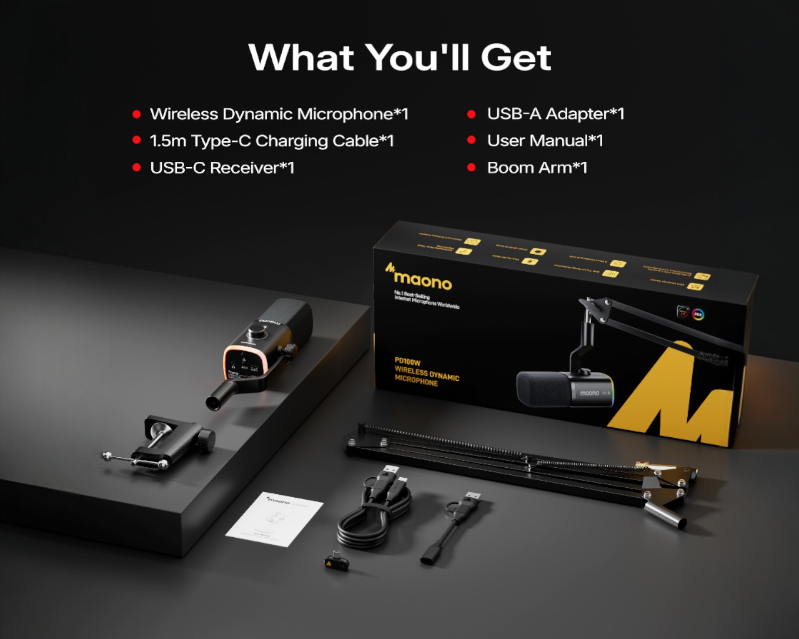 MAONO PD100WS microphone boom arm kit and included accessories
