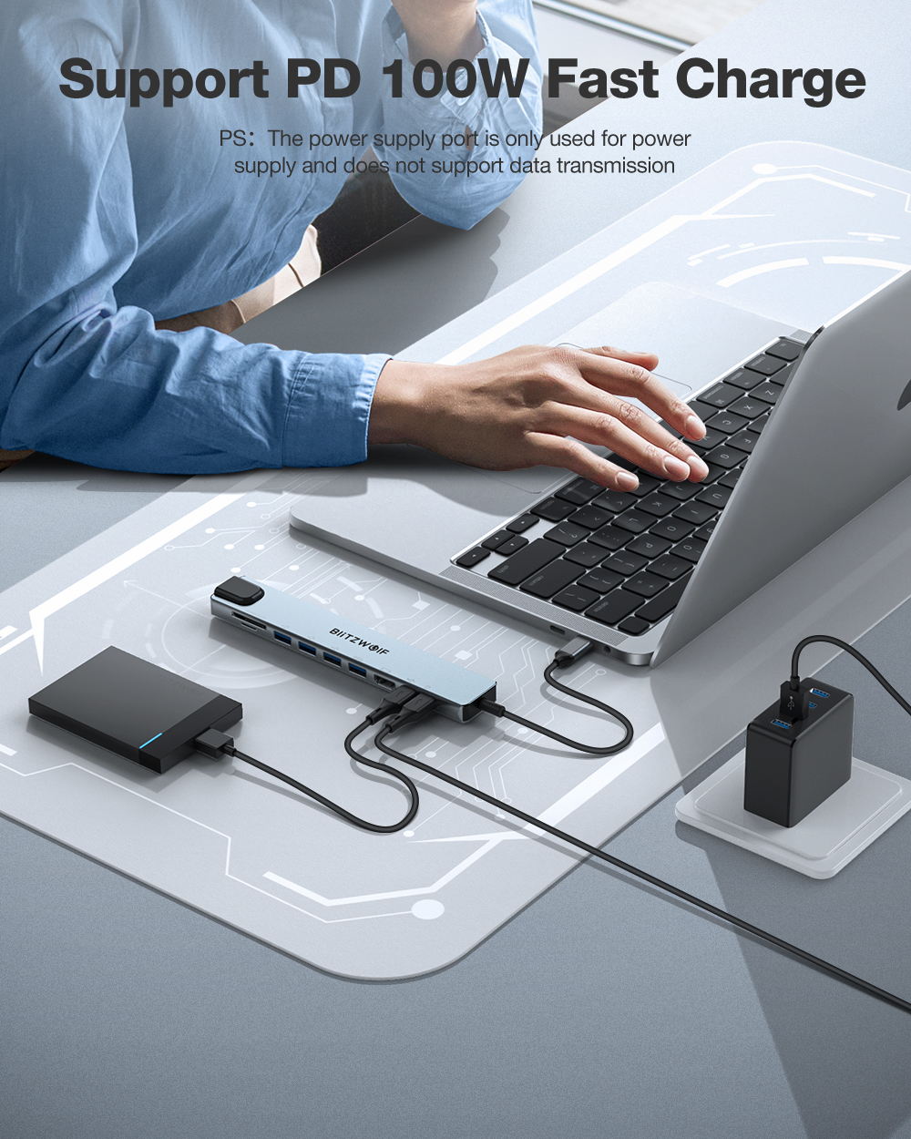 BlitzWolf BW-NEW TH5 connected to a laptop with a USB-C charger using 100W Power Delivery