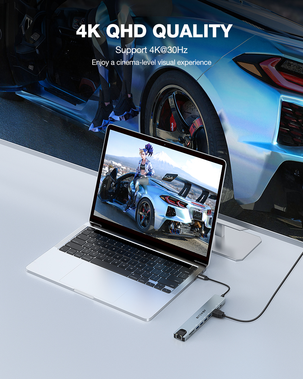 BlitzWolf BW-NEW TH5 providing 4K 30Hz HDMI output from a laptop to a large monitor