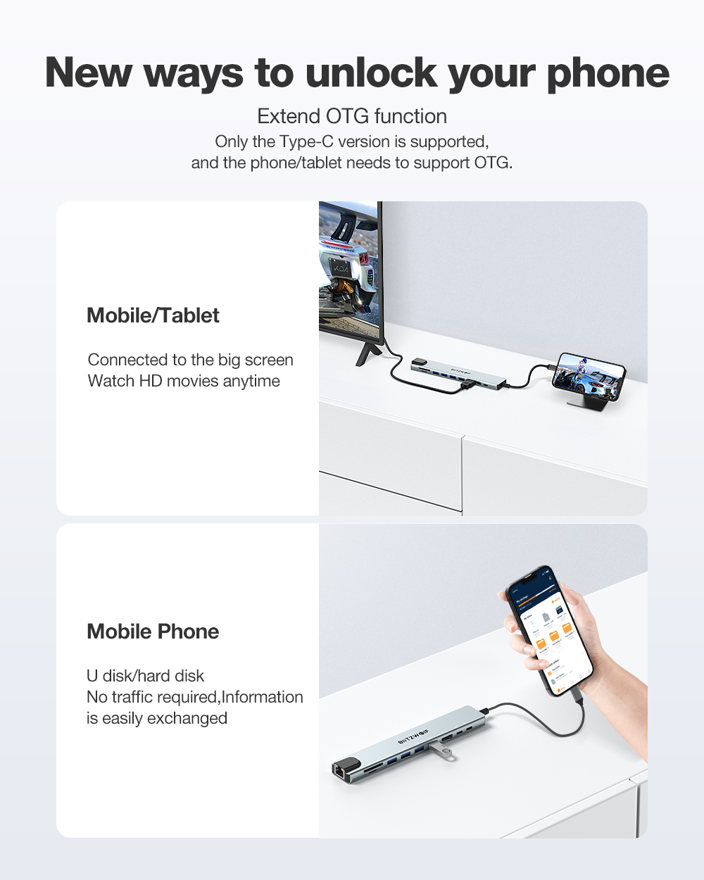 BlitzWolf BW-NEW TH5 connected to compatible Type-C smartphones and tablets using OTG