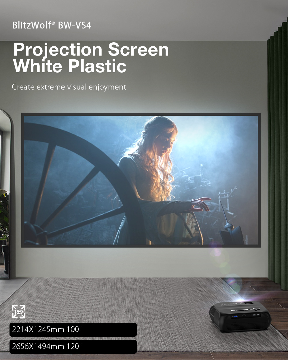 BlitzWolf BW-VS4 wall-mounted projection screen in a living room