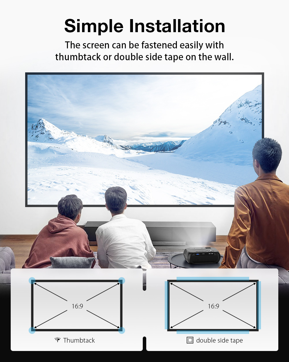 BlitzWolf BW-VS4 projection screen installation using thumbtacks or double-sided tape
