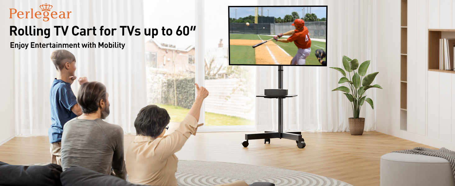 Perlegear PGTVMC06 rolling TV stand with television mounted on the mobile cart