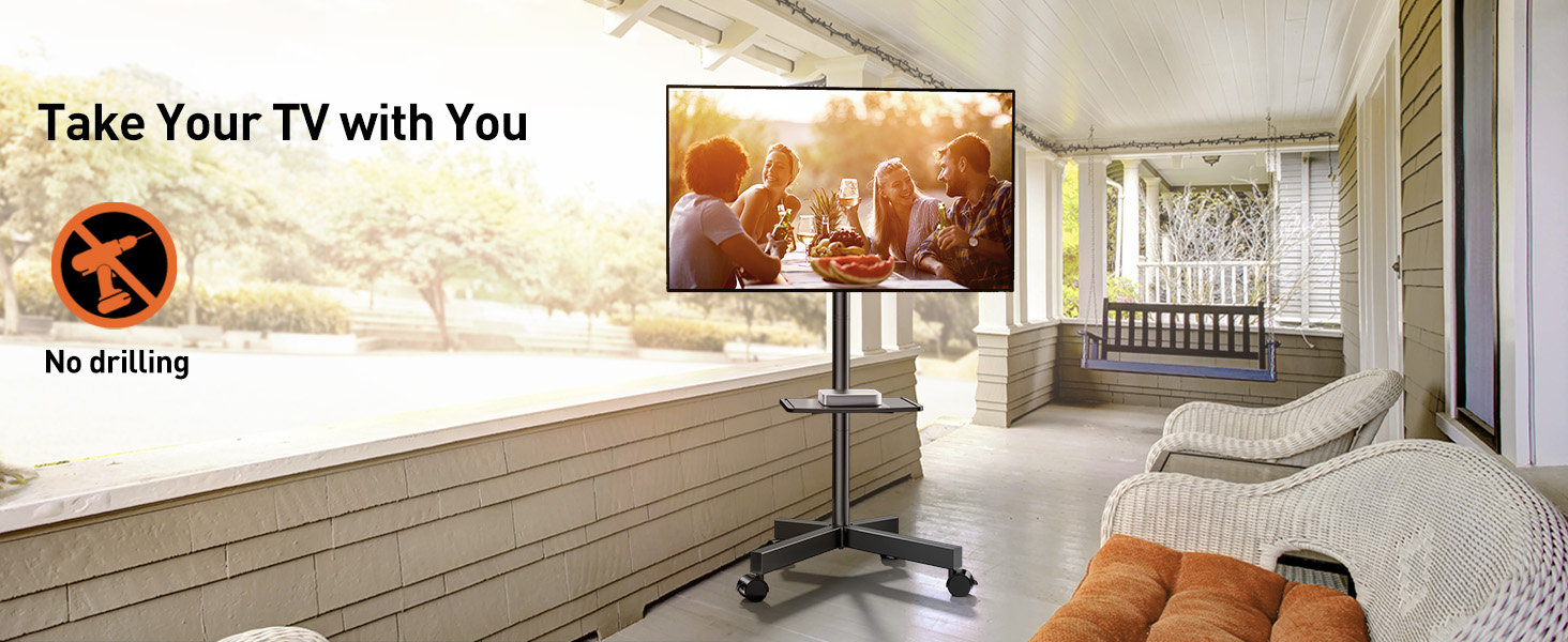 Perlegear rolling TV stand being used in different indoor and outdoor locations