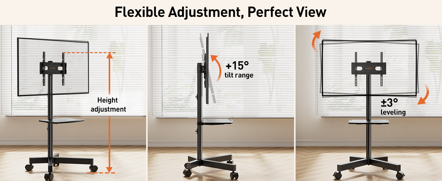 Perlegear PGTVMC06 rolling TV stand showing screen size, tilt and height adjustment