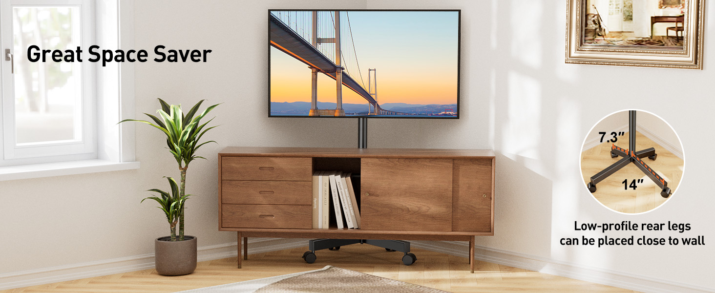 Perlegear portable TV stand showing its low-profile rear base positioned close to a wall