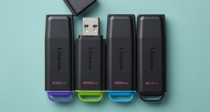 Four Kingston DataTraveler Exodia USB flash drives in different capacity colors