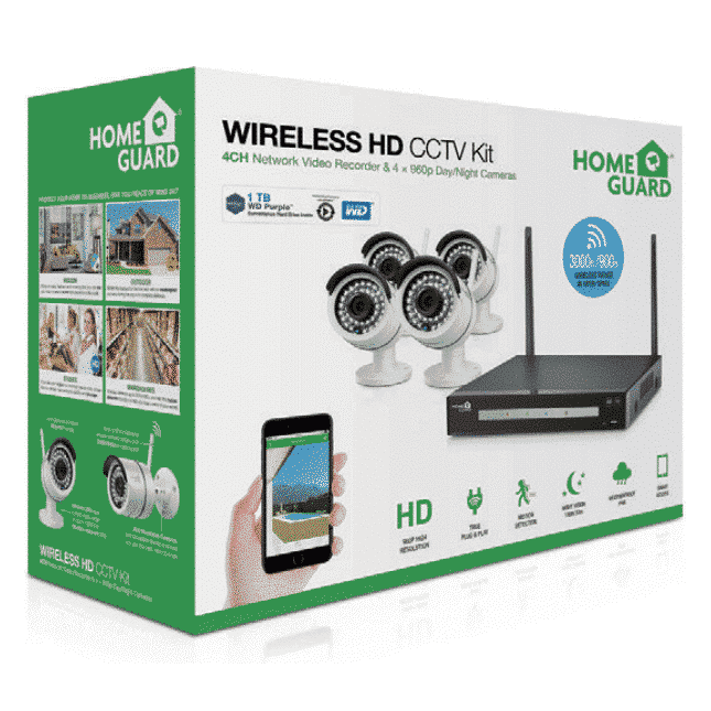Homeguard Wireless HD Security System 4 Channel Network Video Recoder & 960P HD CCTV Cameras
