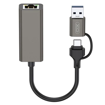 XO HUB018 2-in-1 USB / USB-C to RJ45 Hub – Grey