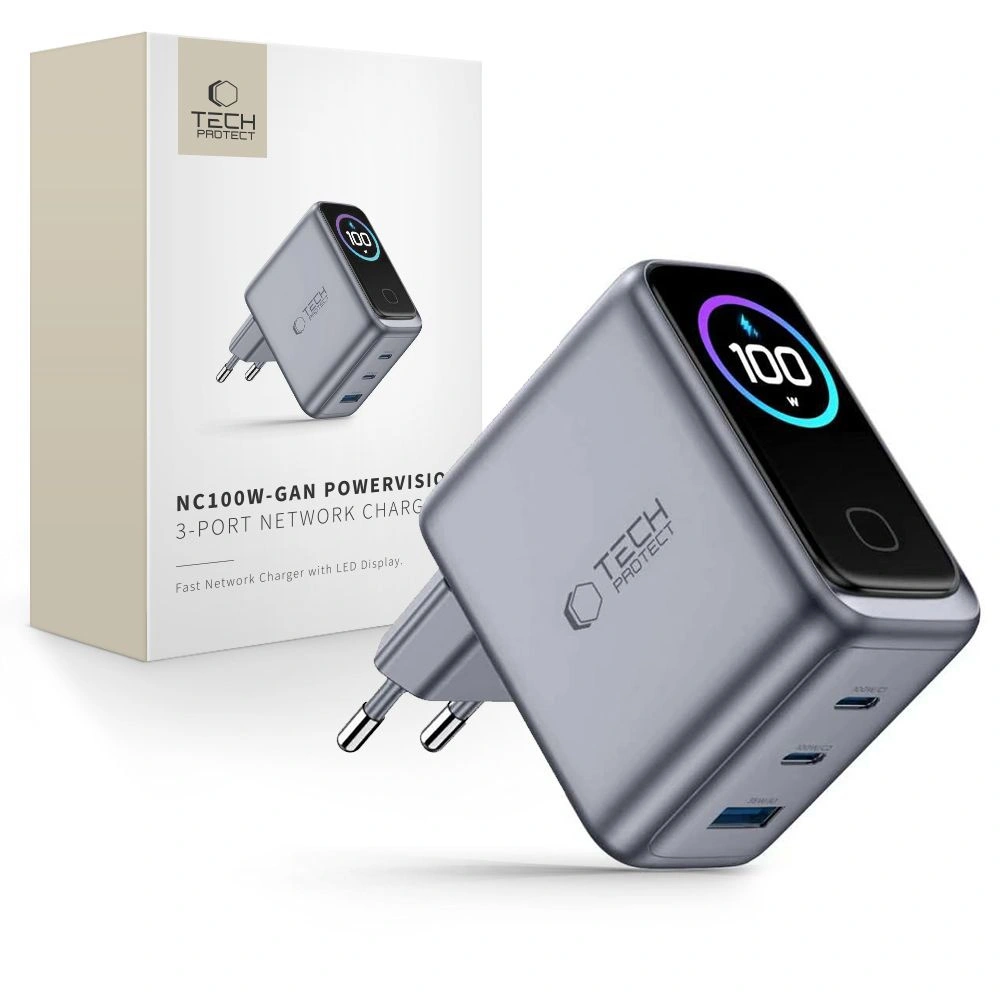 Tech-Protect PowerVision GaN 3 Port PD 100W / QC3.0 Wall Charger - Dark Gray