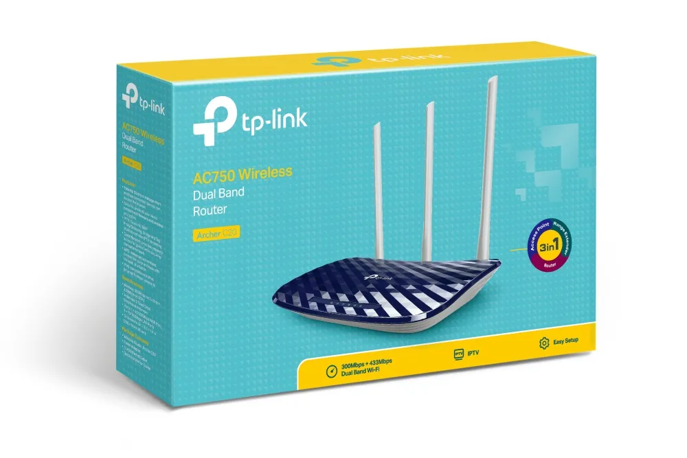 TP-Link Archer C20 WiFi Router AC750, Dual Band, 5x RJ45 100Mb/s